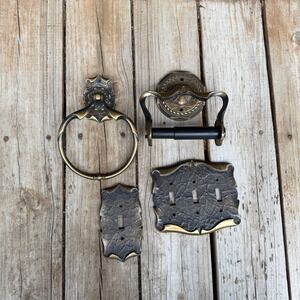 Vtg Amerock Carriage House Bath Hardware Set 1972 Brass Towel Ring Switch Plate